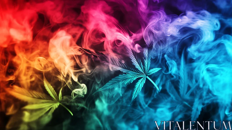 Colorful cannabis leaves in dense multicolored smoke.