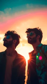 Two men in sunglasses under vivid sunset sky glow.