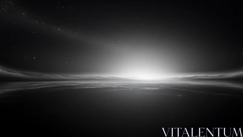 Monochrome exoplanet horizon with stellar dawn and smooth ice