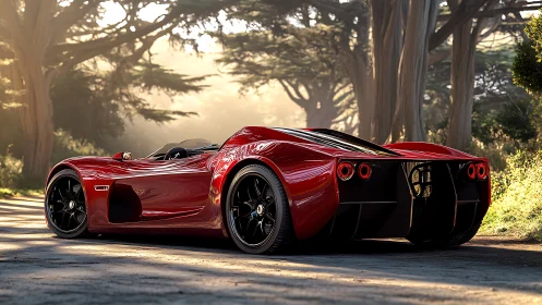 Crimson supercar reflects forest light on winding road.