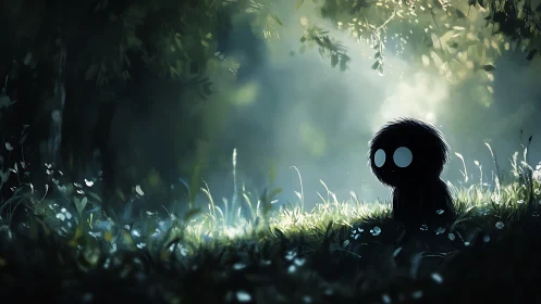 Soft-eyed forest wisp waiting in a hush of emerald light.