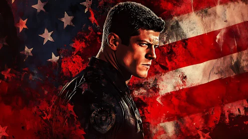 Brooding soldier stands before distressed American flag backdrop.