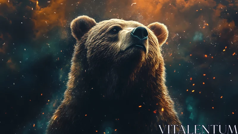 Digitally rendered brown bear against abstract sky backdrop.