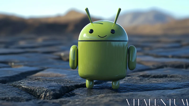 High-gloss green robot mascot rendered on textured stone terrain