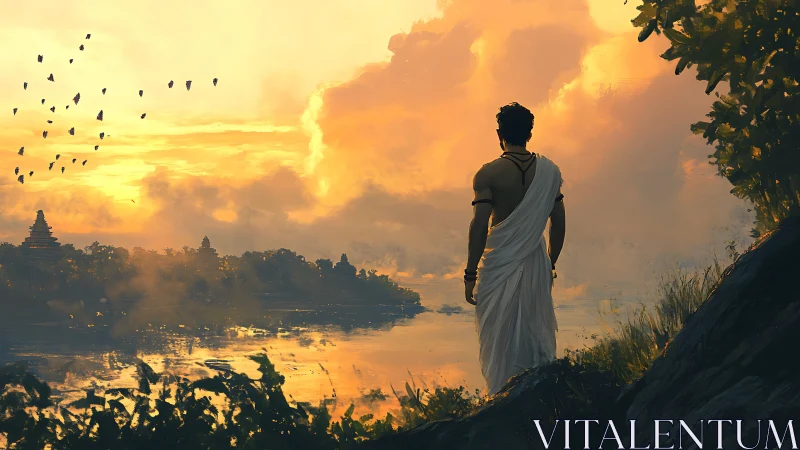 Figure in traditional robe overlooking river at sunset.