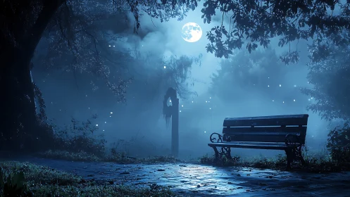 Moonlit park bench keeps quiet vigil in blue ghost fog.