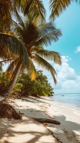 Tropical beach with palm tree and wooden boat at waterline