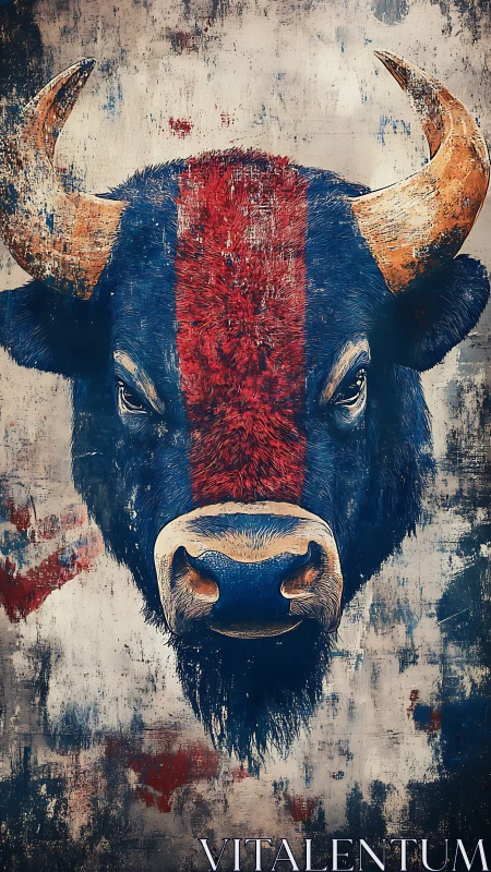 Frontal bison portrait with red stripe and textured grunge field