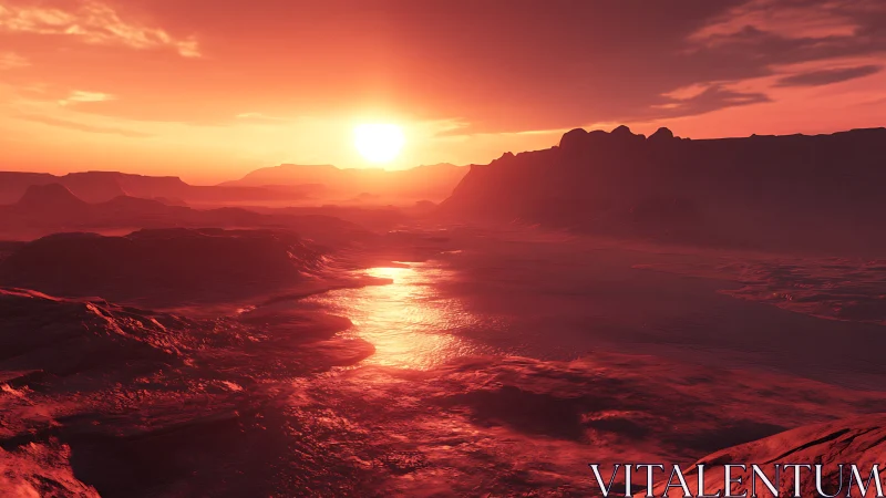 Crimson alien canyon under molten sunset sky glow.