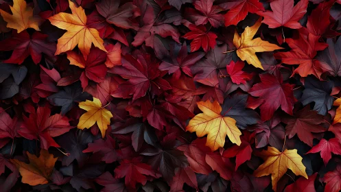 Autumn maple leaves create a rich red and gold tapestry.