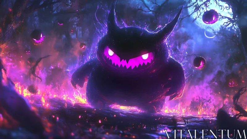 Midnight void monster stomps through neon haunted wildfire