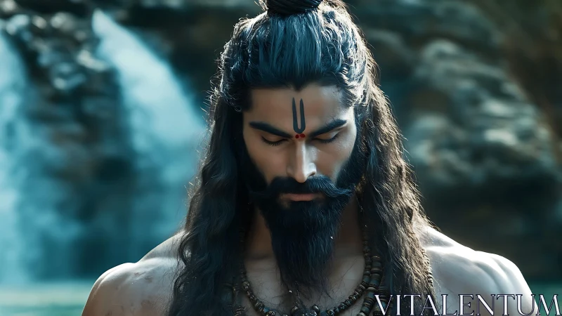 Ascetic warrior in meditative focus by cascading waterfalls.