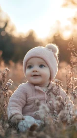 Infant in Pink Knitwear Amid Golden Hour Wildflower Field.