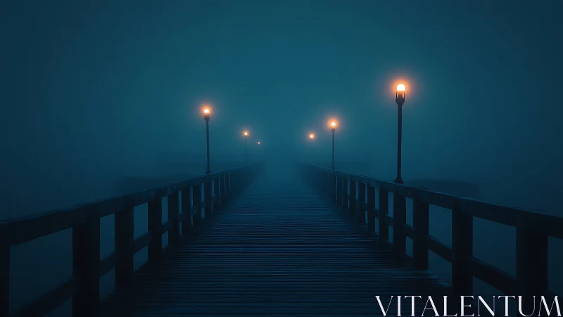 Midnight pier of blue fog and lonely ember lamps.