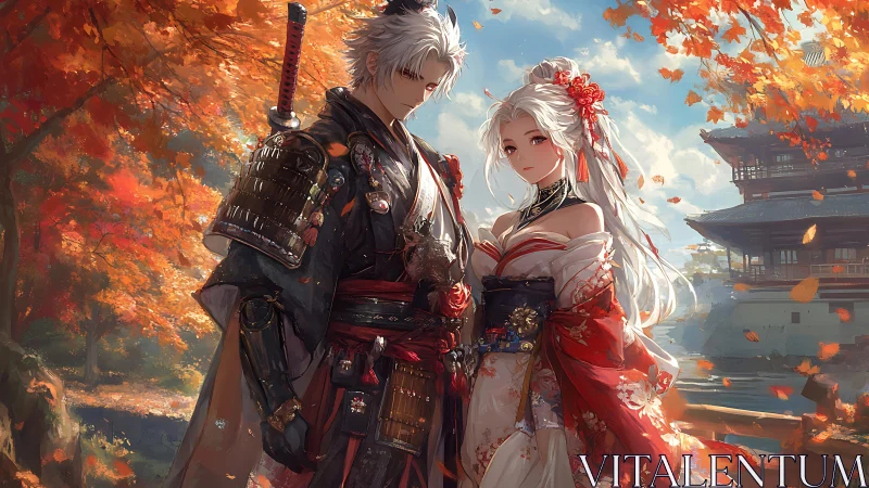 Autumn samurai lovers beneath maple-fire skies, quietly entwined.