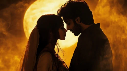 Silhouetted couple forehead contact against luminous celestial backdrop with backlighting