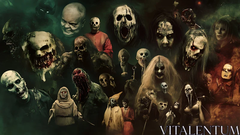 Grotesque horror character collage with skulls and masks.