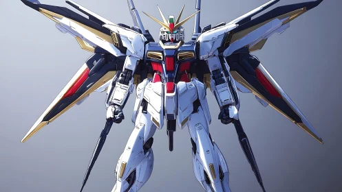 Star-forged mecha guardian unfolds radiant winged armor.