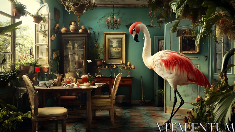 Large flamingo in ornate vintage dining room interior.