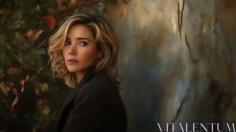 Autumn-eyed woman pausing by a weathered, painterly wall.