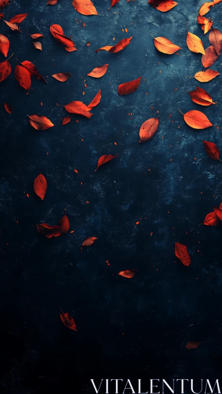 Crimson autumn leaves drift across deep textured blue