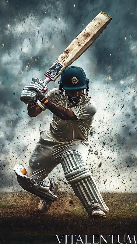 Powerful cricket swing frozen in a storm of flying dust.