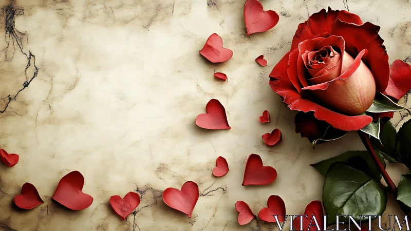 Red Rose and Heart Petals on Vintage Textured Background.