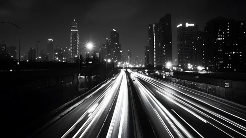 Monochrome urban highway light trails under city skyline.