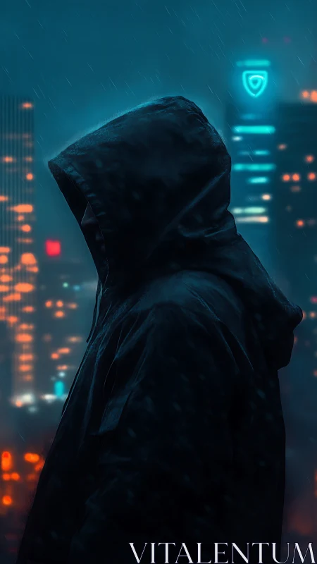 Midnight hooded figure pauses quietly in the neon city rain