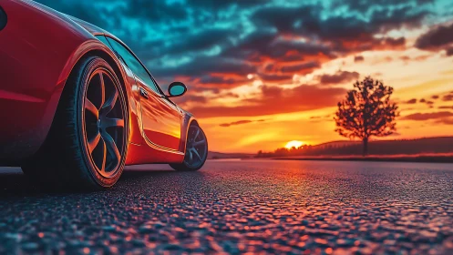 Red sports car on open road at low sunset viewpoint.