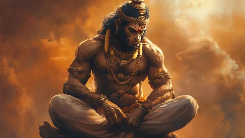 Mythic simian warrior in meditative atmospheric luminance.