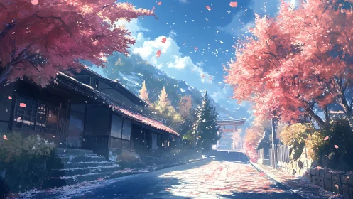 Autumn hillside street with cherry blossoms and shrine gate.