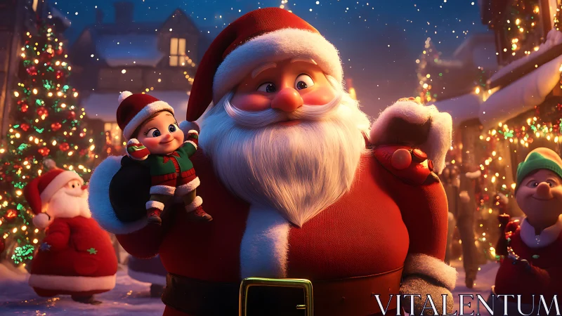 Santa holds delighted elf in glowing snowy Christmas street