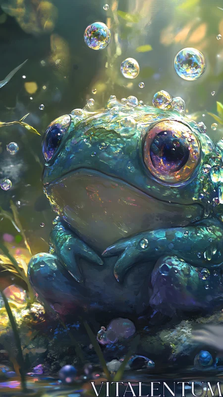 Iridescent frog among bubbles in soft forest light.