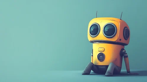 Lonely yellow robot on teal minimalist background.