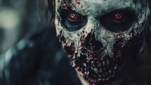 Decayed zombie skull stares forward with bloodied hollow eyes