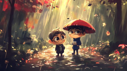 Two kids with red umbrella walking in rainy autumn forest.
