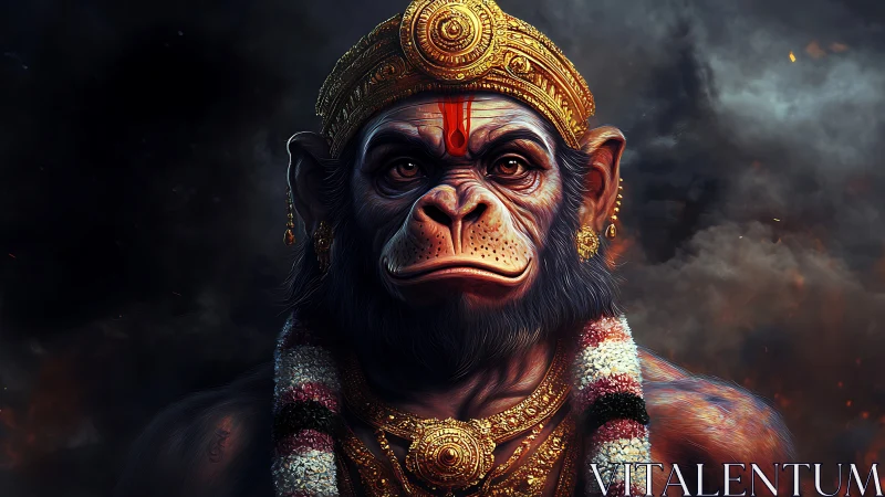 Divine simian warrior gazes through smoke and ember storms