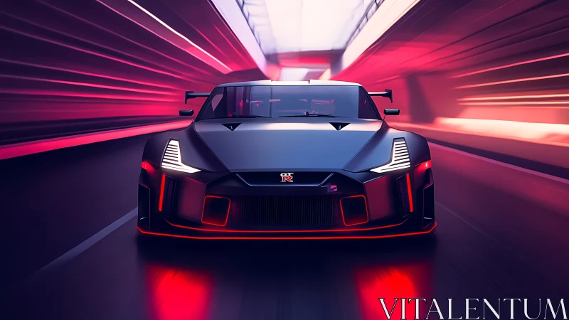 Front view sports car accelerates through neon tunnel