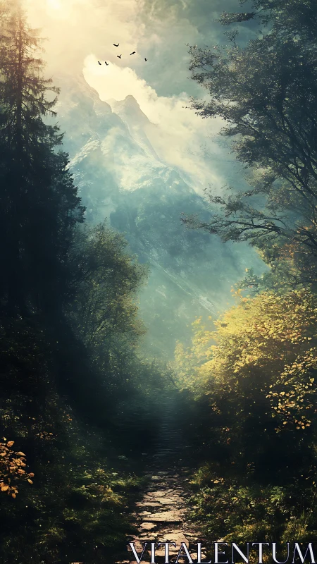 Mountain Valley Landscape with Forested Slopes and Sky