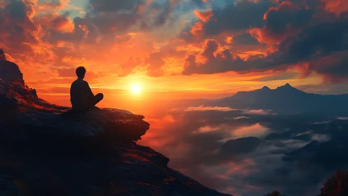 Solitary figure on cliff observing vivid mountain sunset.