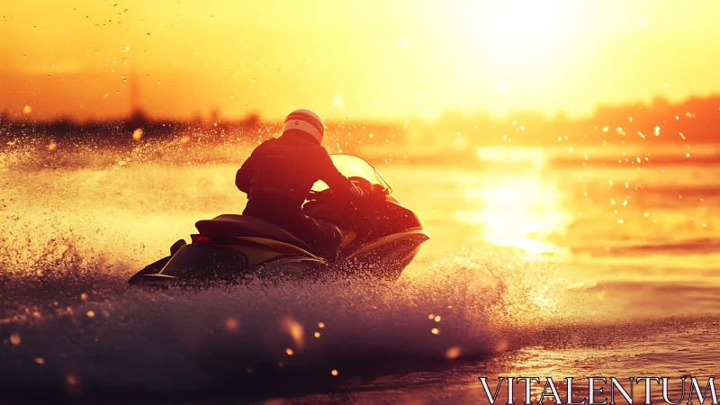 Jet ski rider carves waves under blazing sunset sky.