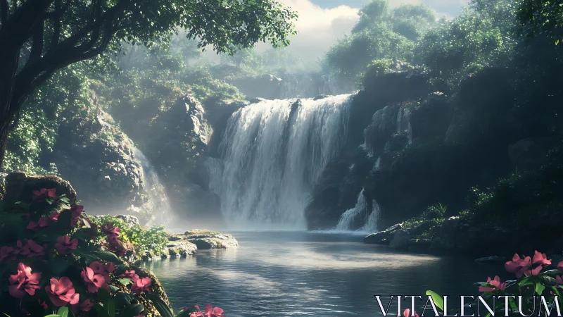 Sunlit jungle waterfall rendered with cinematic depth of field