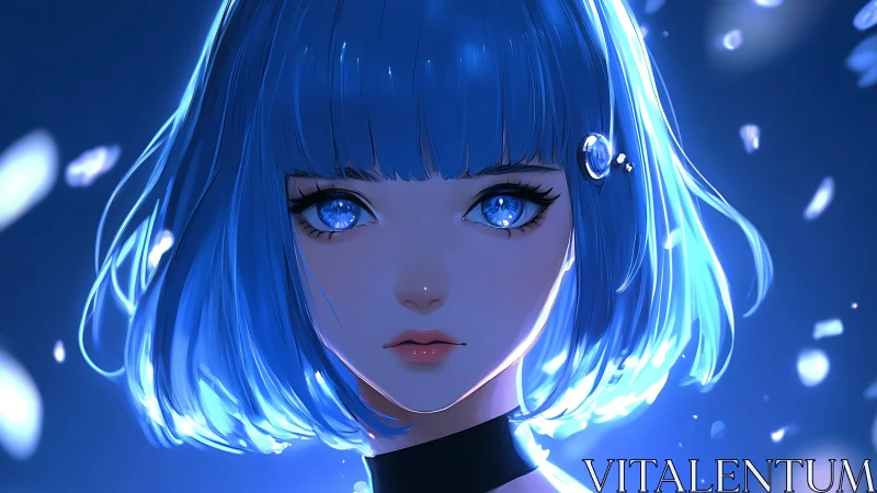 Blue haired anime girl glows with luminous crystal eyes.