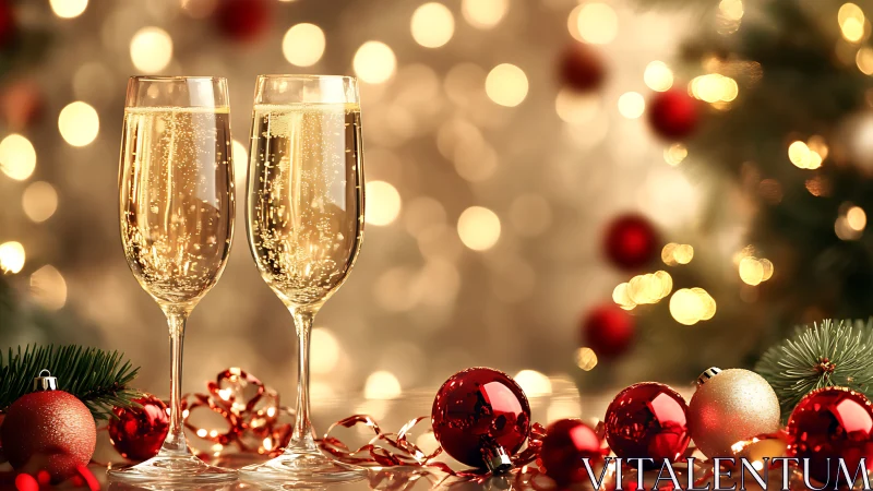 Holiday champagne flutes amid glowing Christmas baubles.