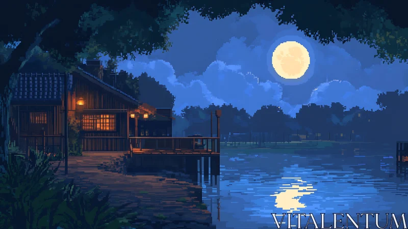Lakeside cabin under full moon rendered in cinematic pixel art