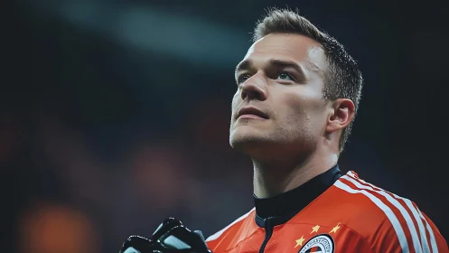 Stadium lights crown a focused goalkeeper in quiet resolve.