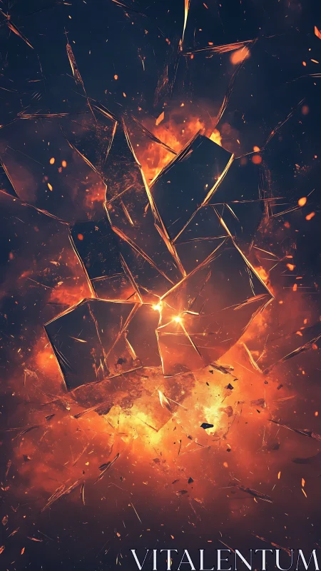 Fractured glass cubes explode amid incandescent plasma core