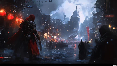 Armored wanderer enters snowlit medieval market street