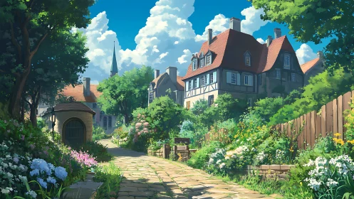 Sunlit village lane with gardens and traditional houses.